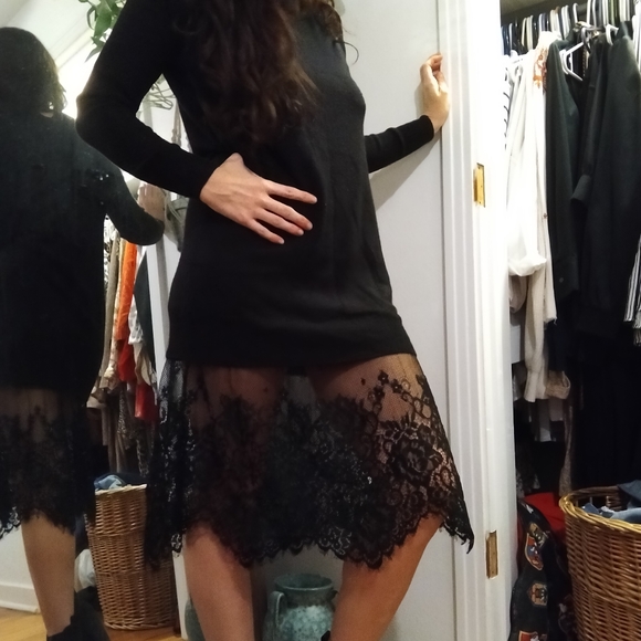 Black sweater dress with black lace on bottom - Picture 2 of 4